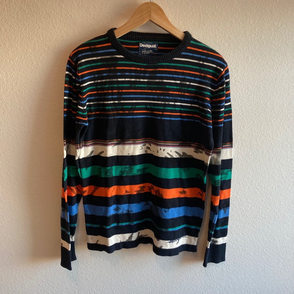 Desigual Mens Size Small Navy Blue Striped Colorblock Crewneck Pullover Vibrant